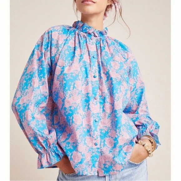 NWOT Anthropologie Cynthia Rowley Floral Waterfall Bohemian Peasant Blouse Top L - Picture 5 of 7